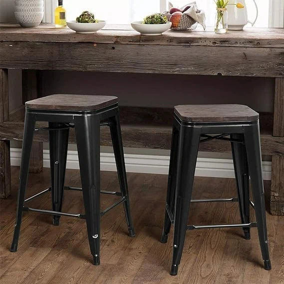 Wood Stackable Modern Industrial Metal Bar Stools Chairs