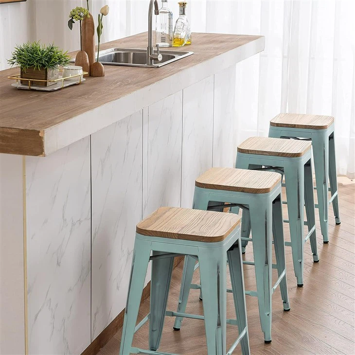 Wood Stackable Modern Industrial Metal Bar Stools Chairs